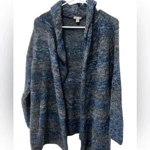 J Jill Cardigan Sweater, Womens Medium, Gray w/ Blue, Wool Acrylic Blend,‎ Hood